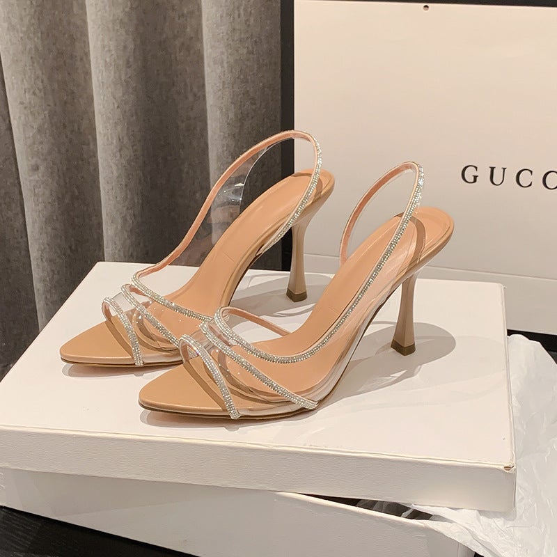 French Style Pointed Toe High Heel Sandals with Crystal Trim - Image 3