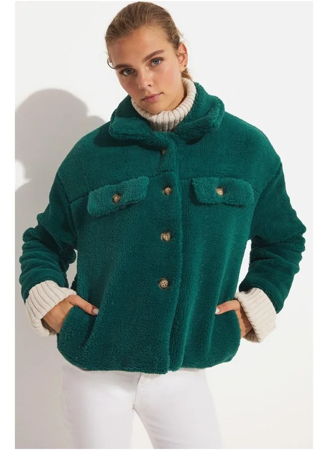 JUNE June Button Detailed Plush Coat Green