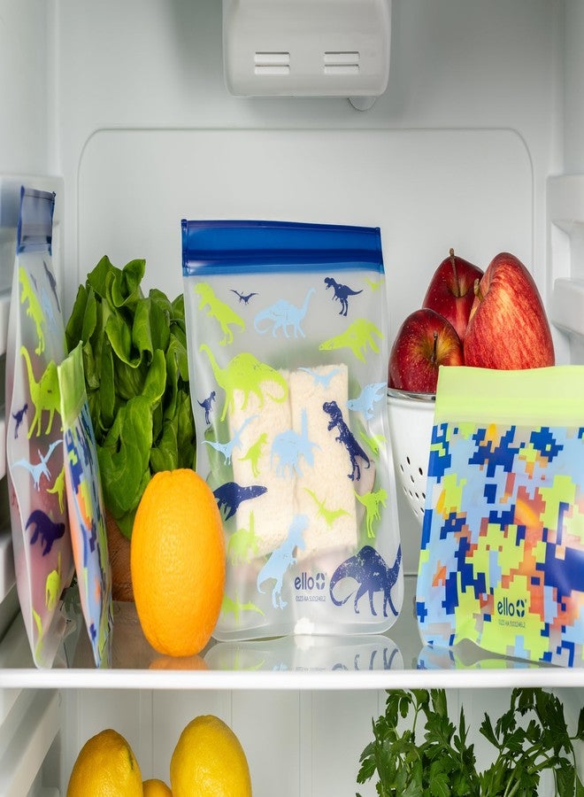 Ello 4 Pack Reusable Food Storage Bags, Resealable BPA-Free, Food-Safe PEVA, Feezer Safe and Leak-Proof, Camo and Dino - Image 2