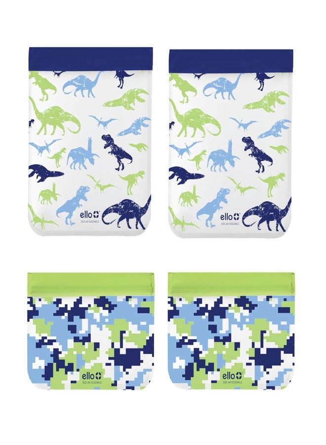 Ello 4 Pack Reusable Food Storage Bags, Resealable BPA-Free, Food-Safe PEVA, Feezer Safe and Leak-Proof, Camo and Dino - Image 1