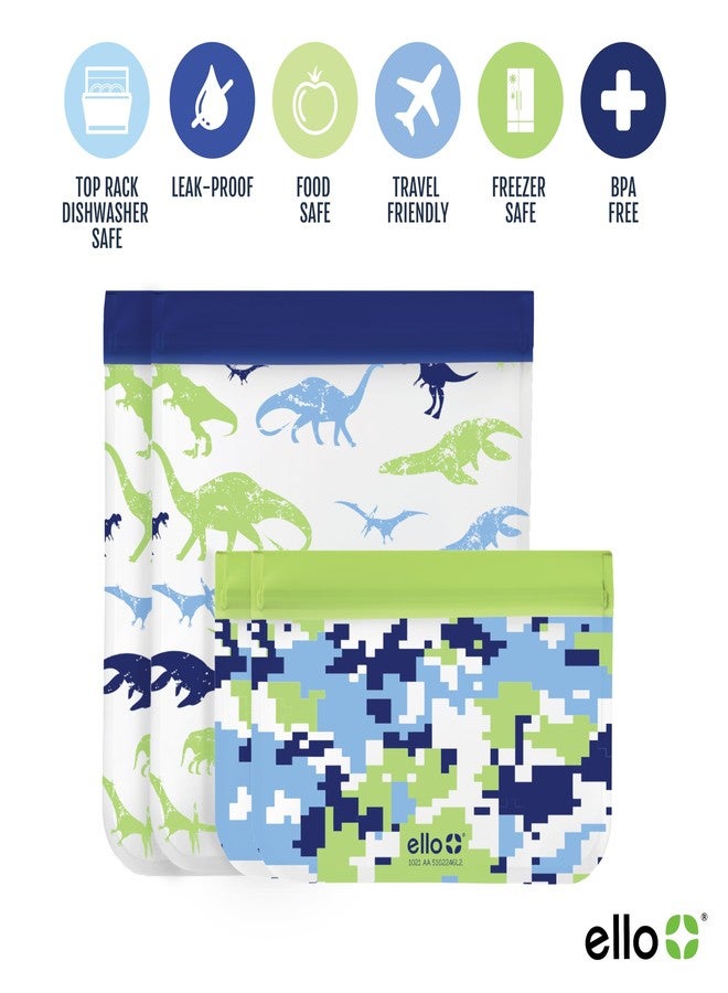 Ello 4 Pack Reusable Food Storage Bags, Resealable BPA-Free, Food-Safe PEVA, Feezer Safe and Leak-Proof, Camo and Dino - Image 3