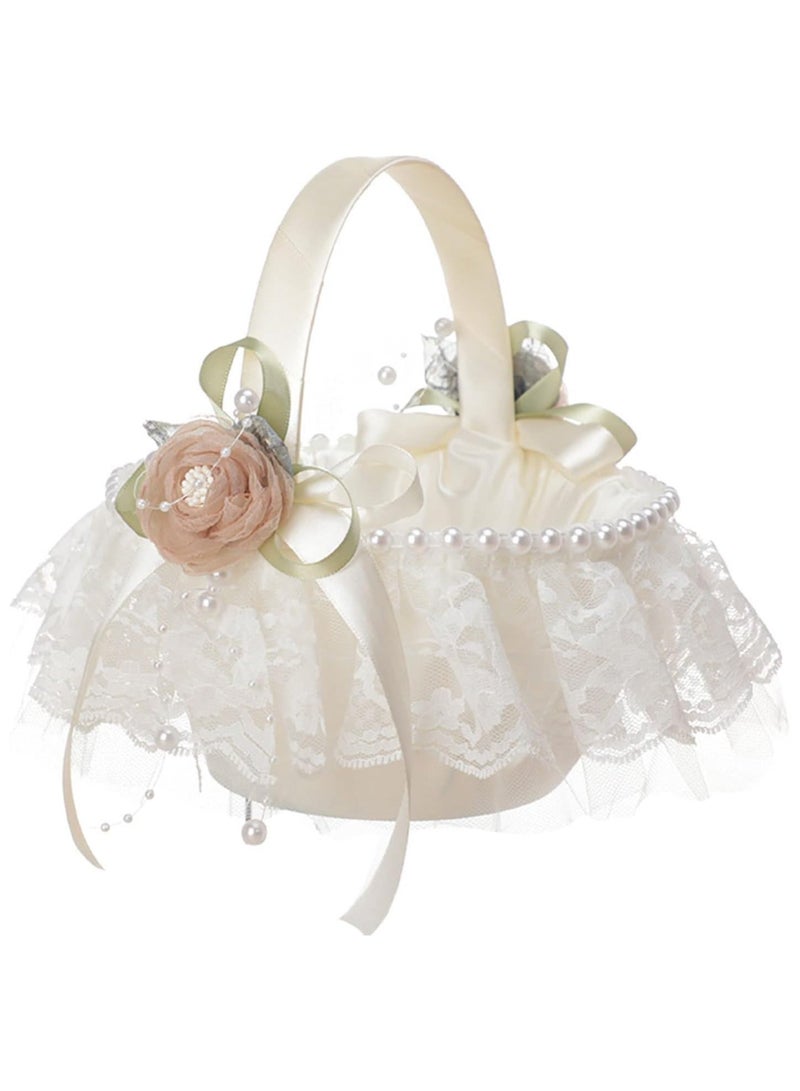 سلة زهور للفتيات لحفل الزفاف، سلة زهور من الدانتيل الأبيض لتزيين حفل الزفاف - Image 1