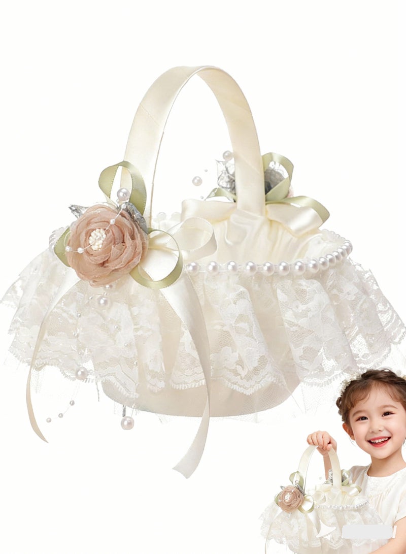 Flower Girl Basket for Wedding,Handmade White Lace Wedding Flower Basket with Silk Rose Flower and Pearl for Ceremony Party Decor,Home Decor,Bridal Gifts - Image 1