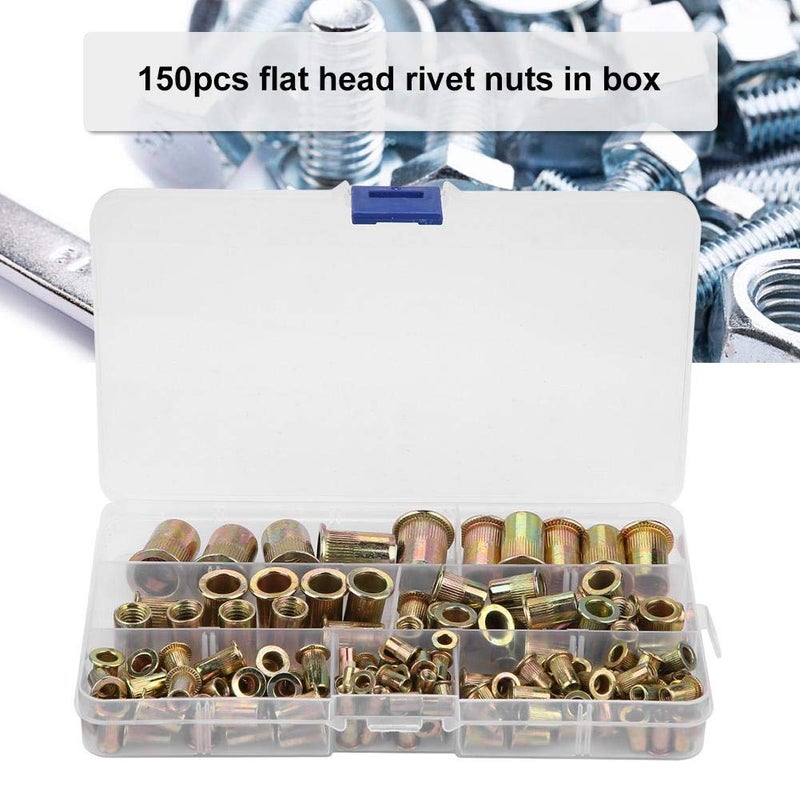 klarako Rivet Nut, 150pcs Carbon Steel Flat Head Threaded M3 M4 M5 M6 M8 M10 M12 Insert Rivet Nut for Steel Plastic and Fiberglass,ect 。 - Image 2