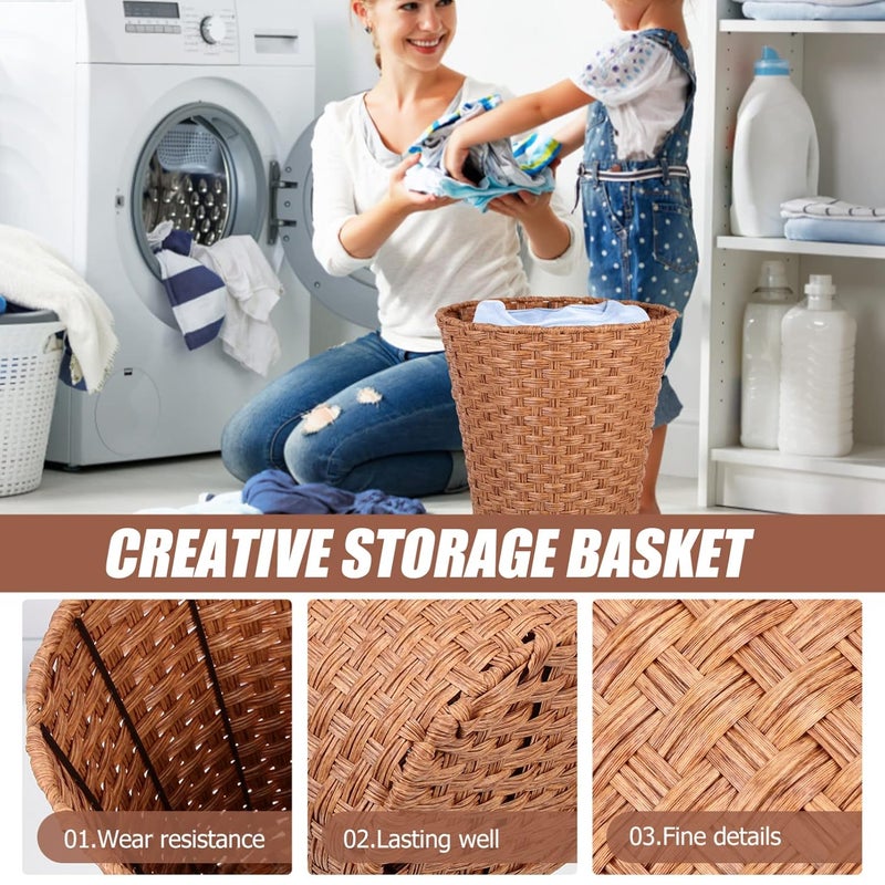 woobles Woven Trash Basket Wastepaper Basket with Handles Wicker Woven Trash Can Garbage Container Bin Clothes Basket for Bedroom Bathroom Utility Rooms Light Brown Light Brown - Image 5