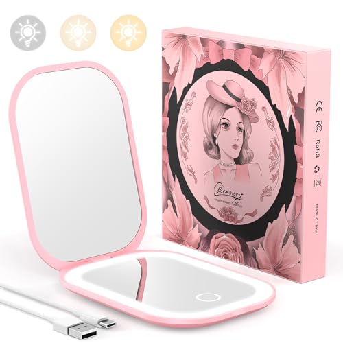 Benbilry Ultra Slim Pocket Mirror with Light, 1X/3X Magnifying LED Compact Travel Mirror with 3-Colored Dimming Lights for Purse, 2-Sided, Handheld, Folding, Portable, Light Pink - Image 1