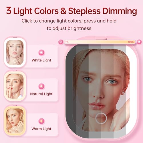 Benbilry Ultra Slim Pocket Mirror with Light, 1X/3X Magnifying LED Compact Travel Mirror with 3-Colored Dimming Lights for Purse, 2-Sided, Handheld, Folding, Portable, Light Pink - Image 5