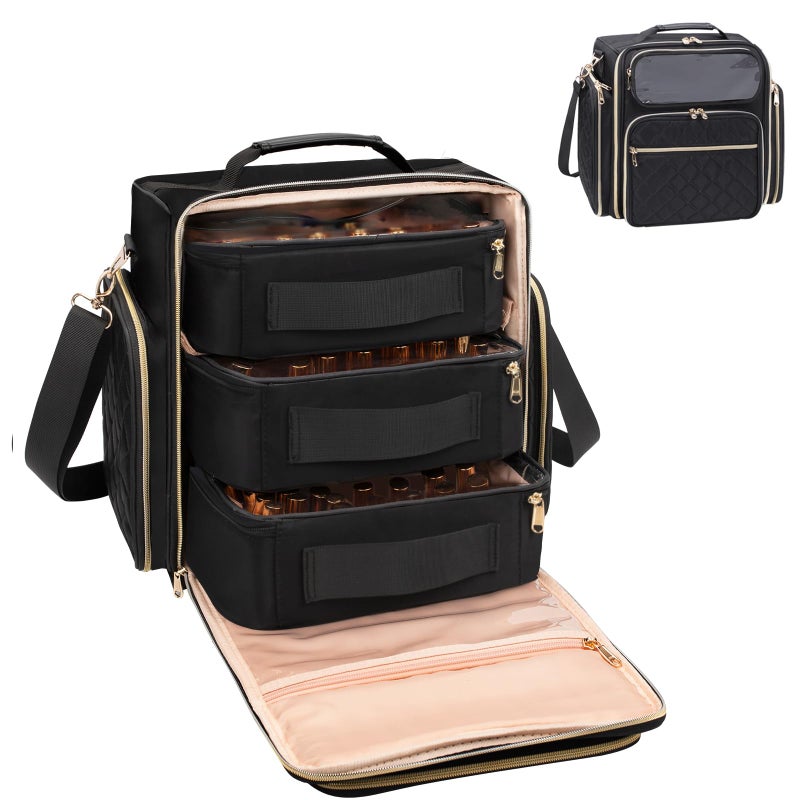 OCHEAL Nail Polish Organizer Holds Nail Lamp and 75 Bottles Nail Polish Holder Case with 3 Individual Pouches Fit Manicure Tools Storage for Manicurist Travel Carrying Bag Black