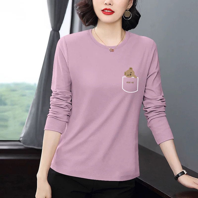 Pure cotton casual popular long-sleeved t-shirt for women's autumn 2025 new loose plus-size versatile age-reducing top with front shoulder - Image 2