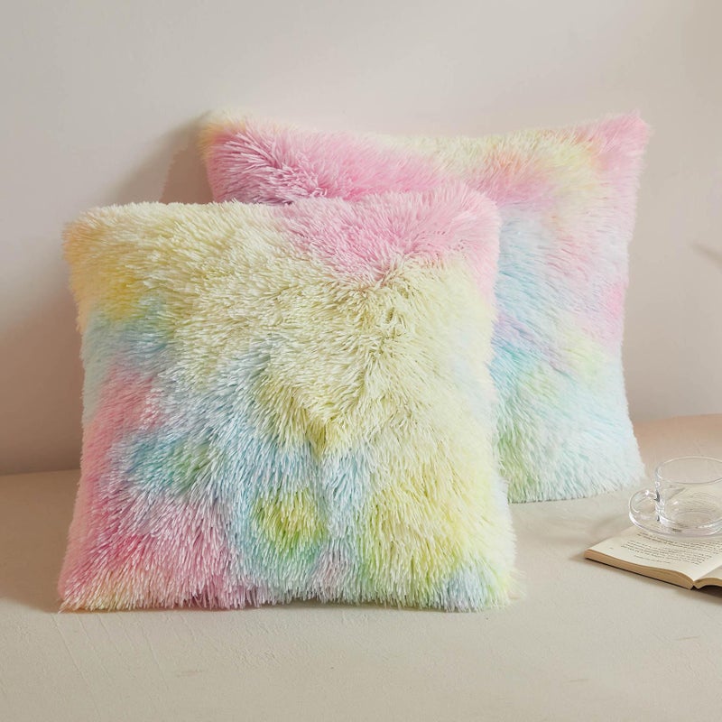 XeGe Rainbow Faux Fur Throw Pillow Covers Tie Dye Multicolor Shaggy Decorative Pillow Cushion Cover Luxury Fluffy Plush Pillow Cases for Sofa Bed Zipper Closure Pack of 218x18 Rainbow