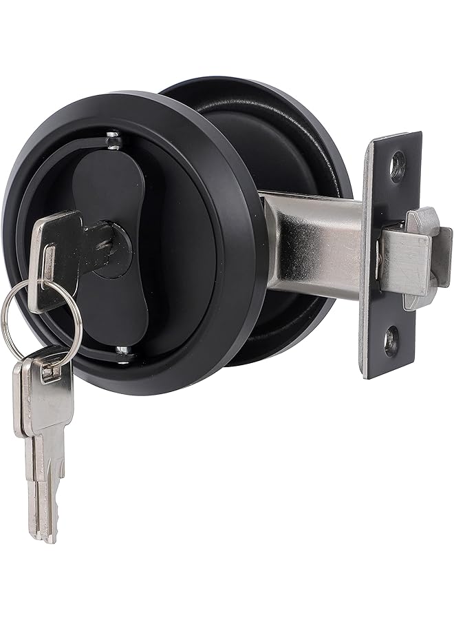 promass Pocket Door Lock with Key Contemporary Entry Square Sliding Barn Door Lock Latch Recessed 2 Sided 2 3/8" Backset Invisible Hardware (Matte Black + Edge Pull) - Image 1
