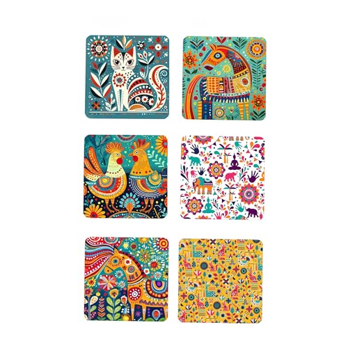 TAJNAN Indian Art Printed Coaster Set of 6 Beautiful Wooden Coasters with Plastic Coating Proper Coaster Stand Designer Coaster (taj-Coaster-Art-e) - Image 1