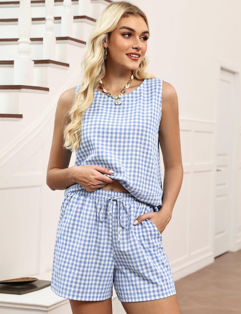 LOMON Women's Trendy 2 Piece Outfits Shorts Sets Summer Crew Neck Sleeveless Tank Top and Bottom Matching with Pockets 2026 - Image 3