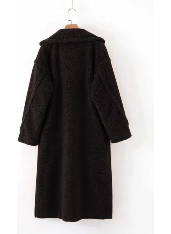 Barbora Plush Winter Women's Buttoned Lined Furry Jacket WS03BLACK - Image 3