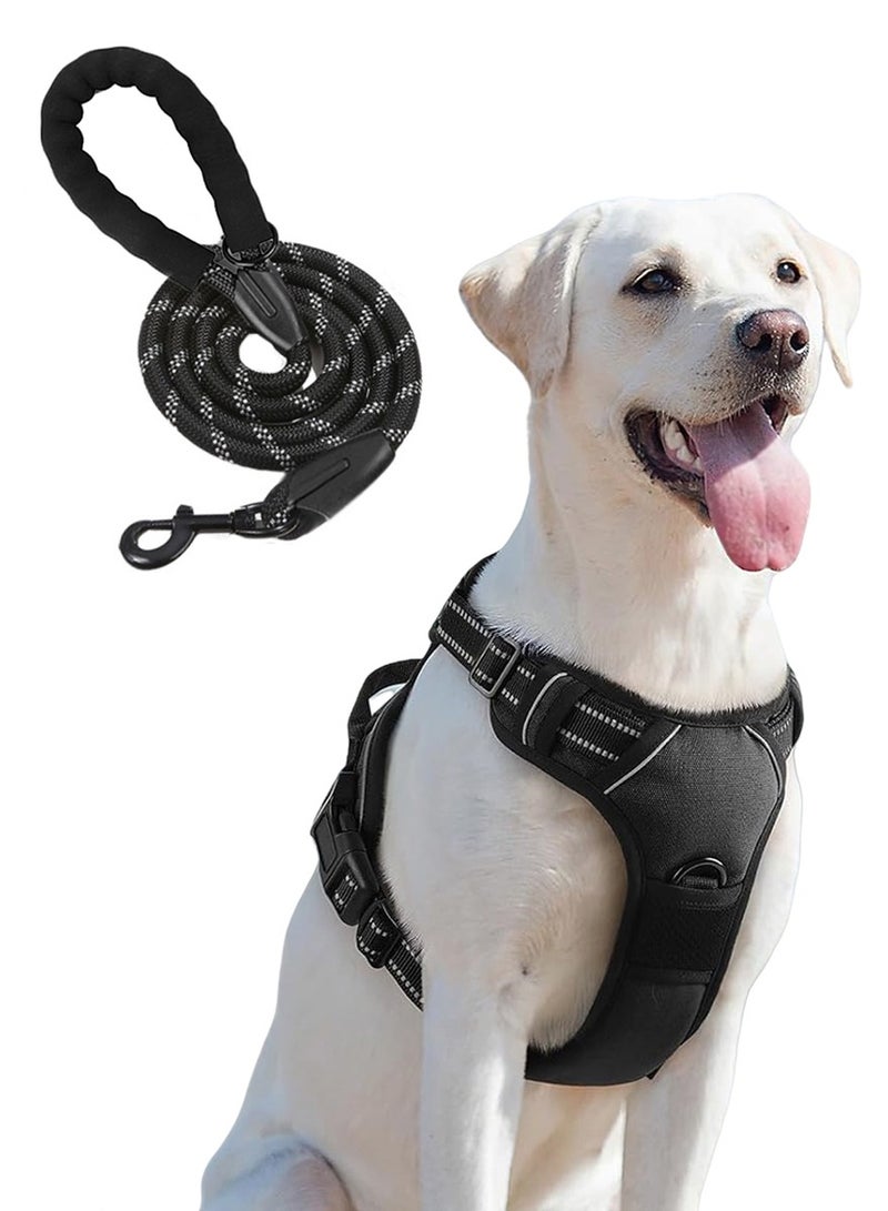 Adjustable Dog Harness and 1.5m leash set for medium and big dogs, No-pull soft padded, High Reflective thread, Black - Image 1