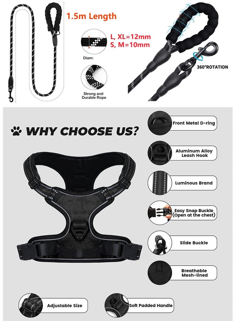 Adjustable Dog Harness and 1.5m leash set for medium and big dogs, No-pull soft padded, High Reflective thread, Black - Image 5