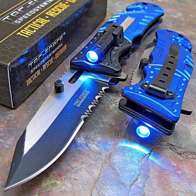 Pocket Folding Knife, 8" Overall, Two Tone Blade, Blue and Black Handle, LED, Rescue, EDC