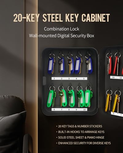 Uniclife 20 Position Key Cabinet with Combination Lock Resettable Black Digital Security Storage Box Steel Key Organizer with Colorful Key Tag Labels Stickers and Hooks - Image 3