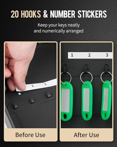 Uniclife 20 Position Key Cabinet with Combination Lock Resettable Black Digital Security Storage Box Steel Key Organizer with Colorful Key Tag Labels Stickers and Hooks - Image 2