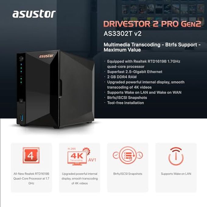 asustor Drivestor 2 Pro Gen2 As3302T V2, 2 Bay Nas, 1.7Ghz Quad-Core, 2.5Gbe Port, 2Gb Ram Ddr4, Small Home Media Server, Network Attached Storage Device (Diskless) - Image 5