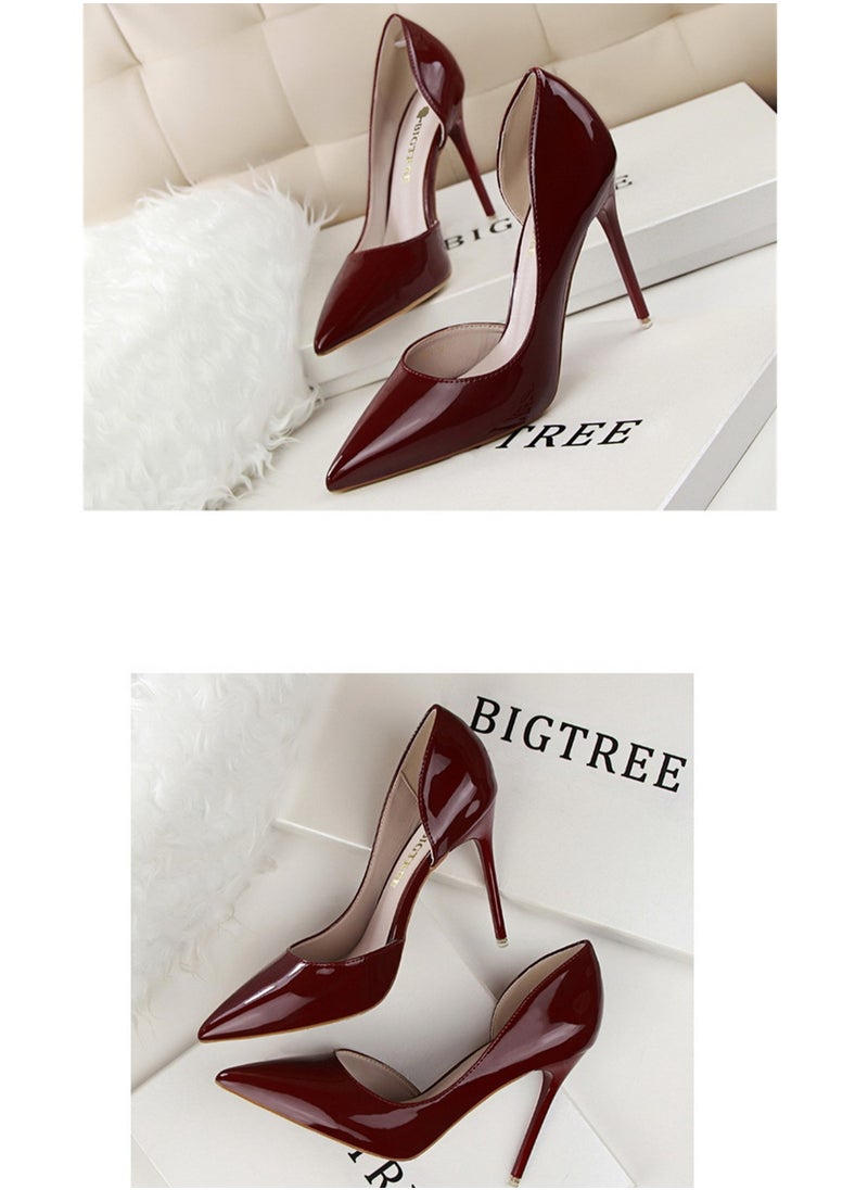 BIGTREE - Fashion Simple Slim Patent Leather Shallow Mouth Pointy Hollowed Out Slim Heels  Nave Red - Image 1