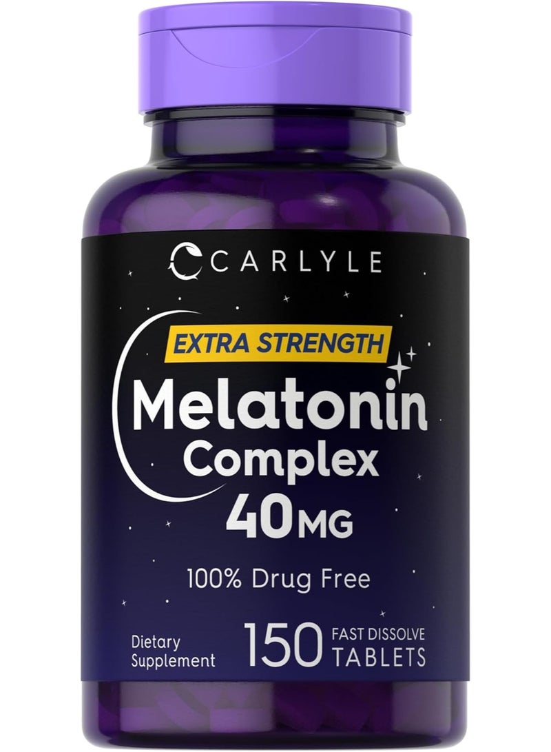 Carlyle مركب الميلاتونين 40 ملغ | 150 قرص سريع الذوبان | دعم قوي إضافي | مع الأشواغاندا والبابونج | مكمل نباتي، غير معدل وراثيًا، خالي من الغلوتين - Image 1