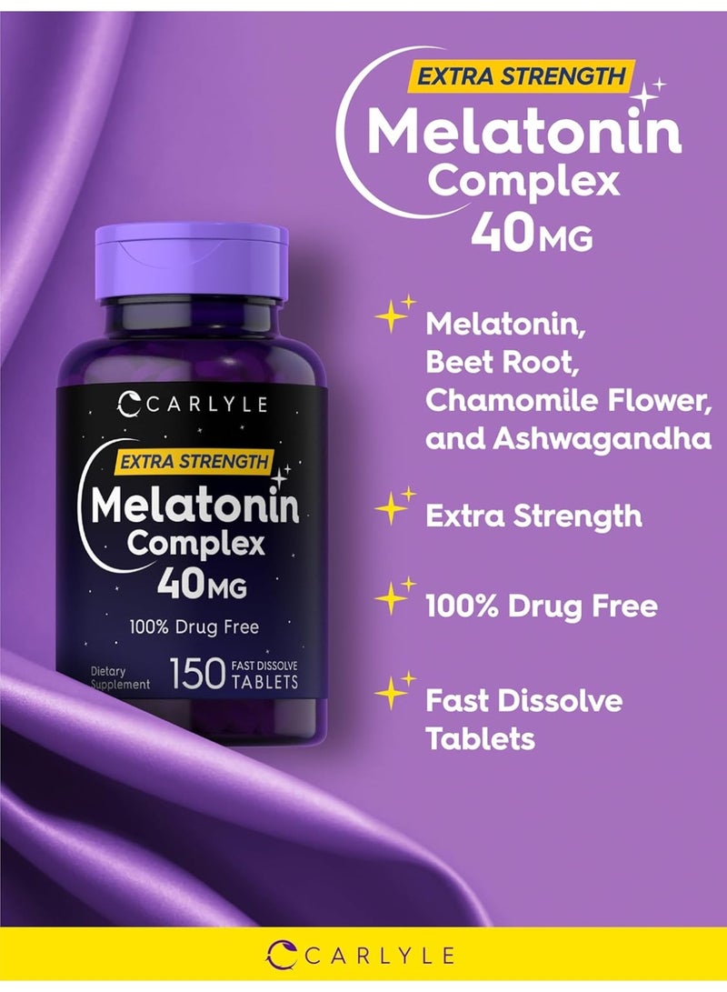 Carlyle مركب الميلاتونين 40 ملغ | 150 قرص سريع الذوبان | دعم قوي إضافي | مع الأشواغاندا والبابونج | مكمل نباتي، غير معدل وراثيًا، خالي من الغلوتين - Image 3