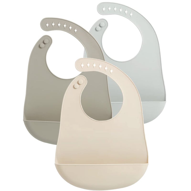 PandaEar 3 Pack Waterproof Silicone Baby Bibs Super Thin Light Weight Feeding Bib with Food Catcher Pocket for Toddler WalnutLinenBrown - Image 2