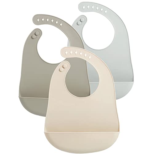 PandaEar 3 Pack Waterproof Silicone Baby Bibs Super Thin Light Weight Feeding Bib with Food Catcher Pocket for Toddler WalnutLinenBrown - Image 1