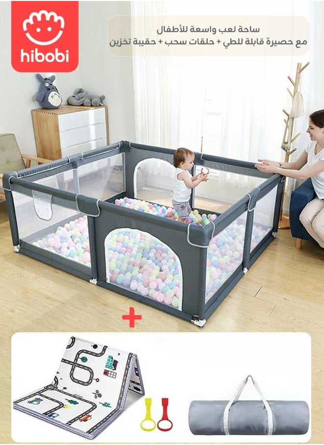 hibobi Foldable Baby Playpen with Mat, Carry Bag & Pull Rings – 200 x 180 x 66 cm, Large Safety Fence with Breathable Mesh & Zipper Door for Indoor & Outdoor Use – Grey  - Image 1