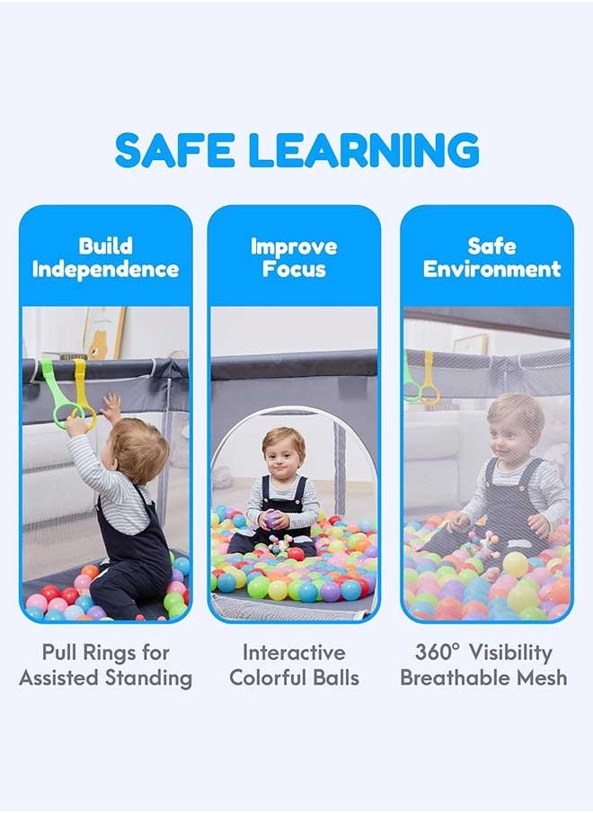 hibobi Foldable Baby Playpen with Mat, Carry Bag & Pull Rings – 200 x 180 x 66 cm, Large Safety Fence with Breathable Mesh & Zipper Door for Indoor & Outdoor Use – Grey  - Image 5