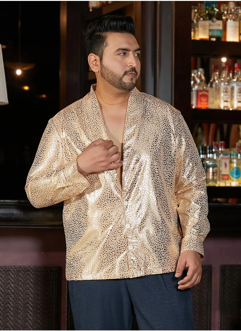 انستافاب بلس Instafab Plus Men's Sand Beige Metallic Shawl Collar Relaxed Shirt For Casual Wear | Shawl Collar | Long Cuffed Sleeves | Button Closure | Plus Size Shirt Crafted With Comfort Fit For Everyday Wear