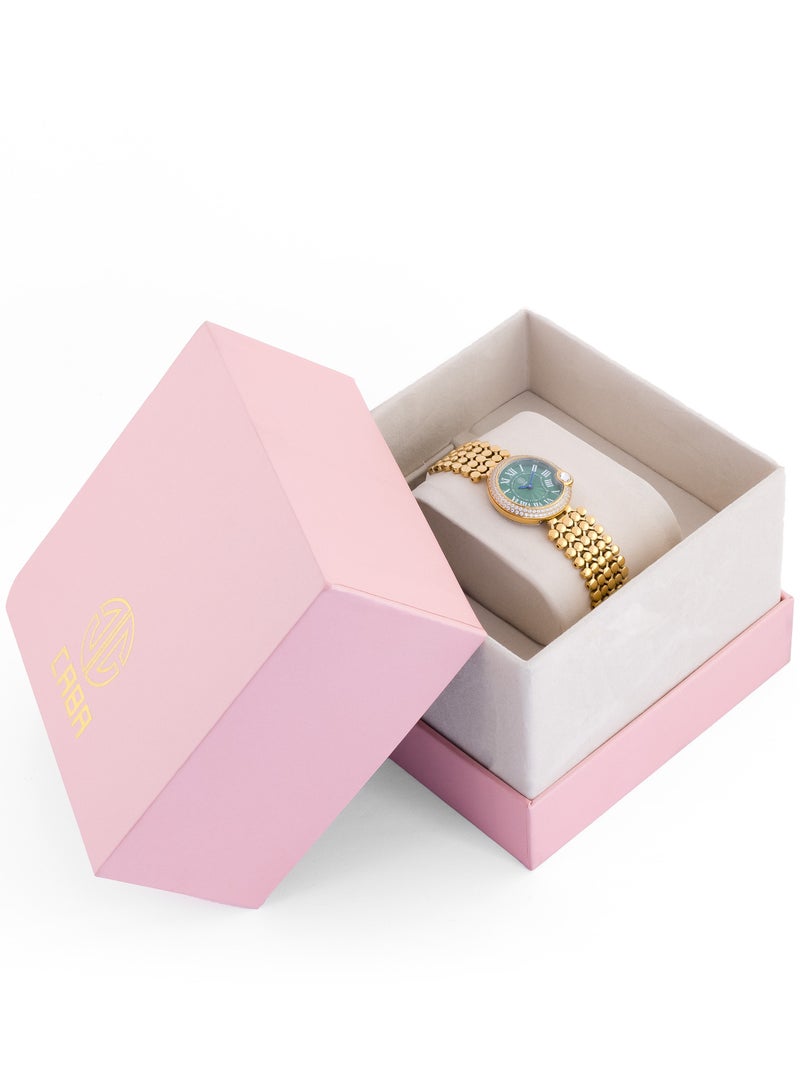 Caba Women's Watch, Studded With Zircon Stones, Elegant, Roman Numbers, Green Dial, Water Resistant And Rust Resistant, Stainless Steel, Gold - 3106912SLG-1 - Image 2