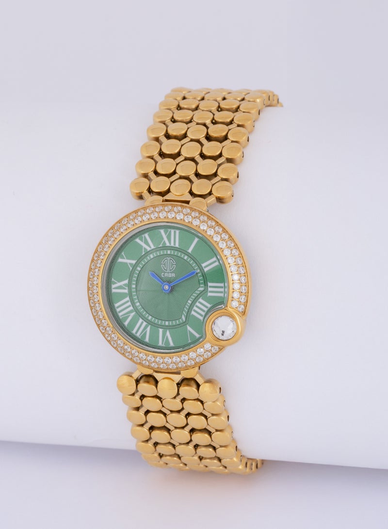 Caba Women's Watch, Studded With Zircon Stones, Elegant, Roman Numbers, Green Dial, Water Resistant And Rust Resistant, Stainless Steel, Gold - 3106912SLG-1 - Image 3