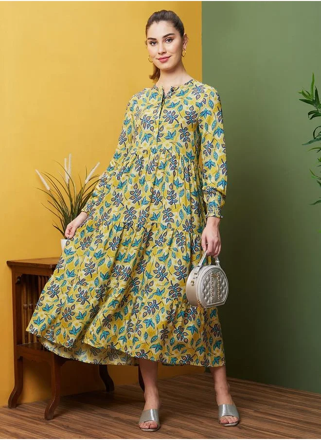 globus Globus Women Multi Yellow Allover Tropical Printed Tired Fit and Flare Midi Dress by Styli