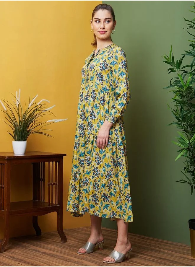 globus Globus Women Multi Yellow Allover Tropical Printed Tired Fit and Flare Midi Dress by Styli