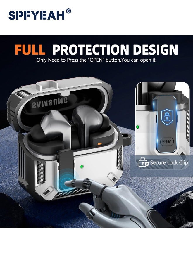 SPFYEAH Compatible with Samsung Galaxy Buds 3/ Buds 3 Pro Case, with Secure Lock Clip & Keychain & Cleaner kit, Hard Shell Rugged Shockproof Carbon Fiber Protection Cover for Samsung Galaxy Buds 3 & 3 Pro (2024), White  - Image 4