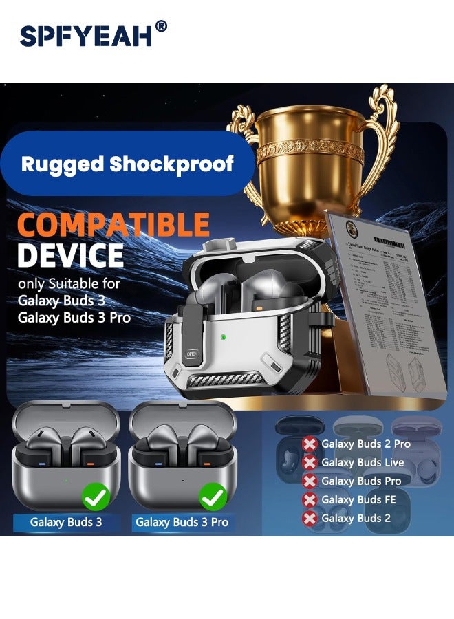 SPFYEAH Compatible with Samsung Galaxy Buds 3/ Buds 3 Pro Case, with Secure Lock Clip & Keychain & Cleaner kit, Hard Shell Rugged Shockproof Carbon Fiber Protection Cover for Samsung Galaxy Buds 3 & 3 Pro (2024), White  - Image 2