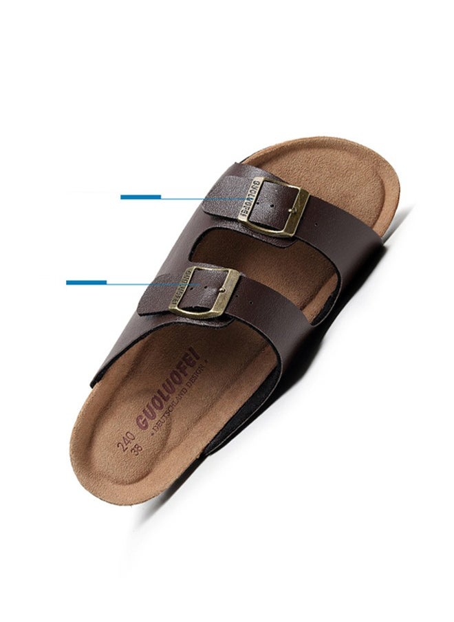 NIBEMINENT - Cork Slippers for Men and Women with Double Row Belt Buckle Sandals, Beach Shoes, Haken Shoes Brown - Image 1