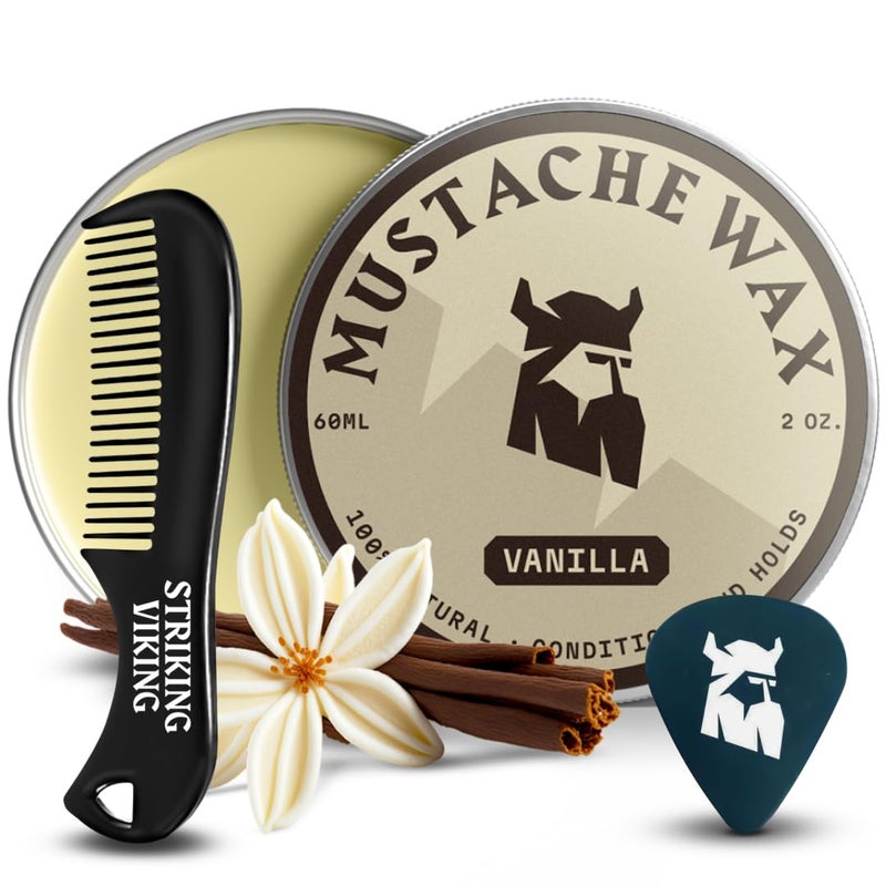 Striking Viking Mustache Wax Kit with Comb - 2 oz, Vanilla - Strong Hold Vanilla Mustache Wax & Anti-Static Comb for Precise Grooming - Non-Greasy Formula for Easy Beard Care - Image 1