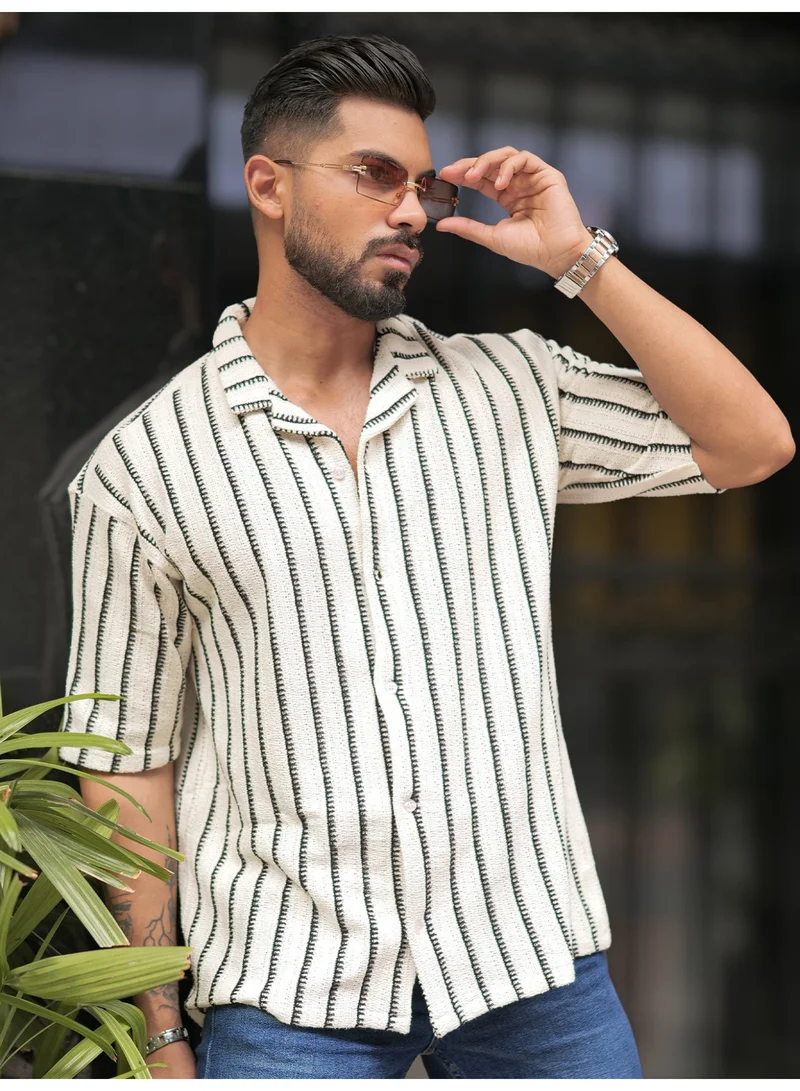 Maniac  Maniac Mens Solid Textured Half Sleeve Collared Neck Half White Oversized Shirt for Men | Best Price UAE