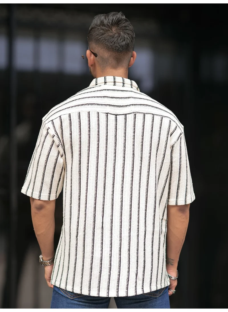Maniac  Maniac Mens Solid Textured Half Sleeve Collared Neck Half White Oversized Shirt for Men | Best Price UAE