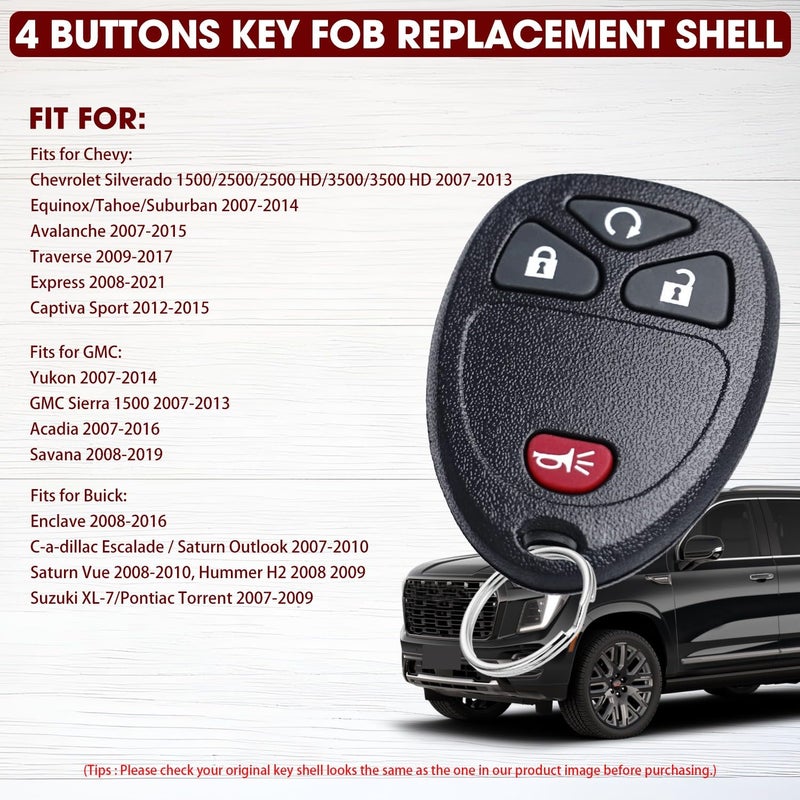 JJCHQ 2 Pack Key Fob Case for Chevy Silverado 1500 2500 3500 HD Avalanche Equinox Express Traverse GMC Yukon Sierra Acadia Savana Buick Enclave 2007-2016 4 Button Keyless Entry Remote Key Shell Replacement - Image 3