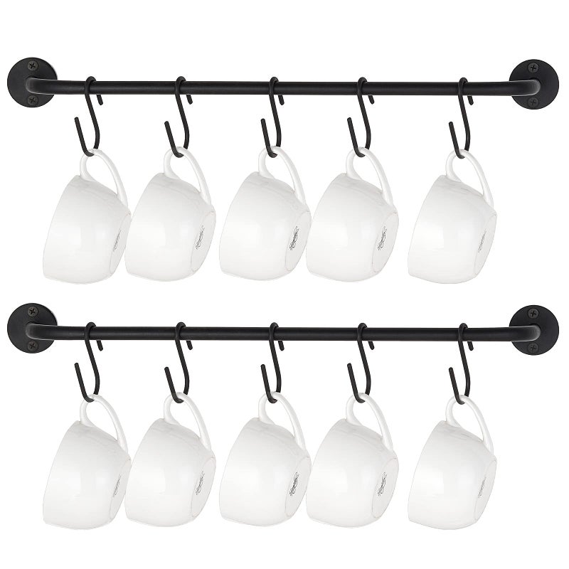Mkono Mug Holder Wall Mounted Coffee Cup Rack Hanger Modern Metal with 10 Mug Hooks Rustic Utensil Tea Cups Storage Organizer for Kitchen Dining Room Coffee Bar, Set of 2, Black - Image 1