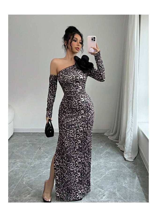 SHEIN  Elegant Leopard Print Knitted Long Sleeve Cold Shoulder Figure-Flattering Dress, With 3D Floral Design, Suitable For Autumn/Winter Maxi Women Outfit