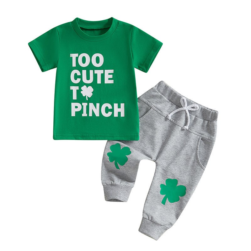 St. Pa''s Day Children''s Casual Clothing Summer Four-leaf Clover Printed T-shirt Short-sleeved Trousers Two-piece Set for Boys and Girls - Image 1