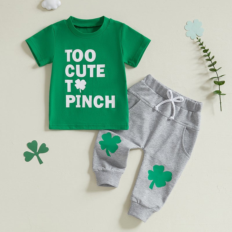 St. Pa''s Day Children''s Casual Clothing Summer Four-leaf Clover Printed T-shirt Short-sleeved Trousers Two-piece Set for Boys and Girls - Image 2
