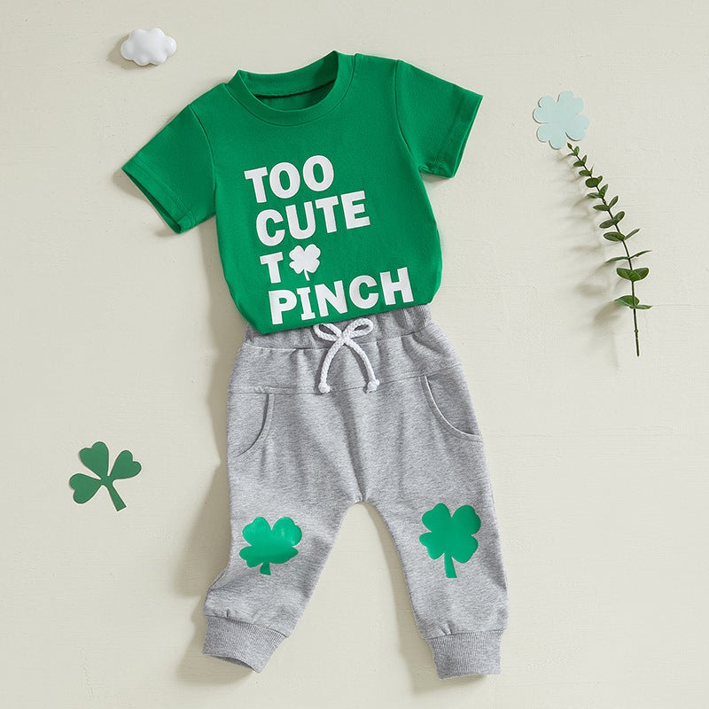 St. Pa''s Day Children''s Casual Clothing Summer Four-leaf Clover Printed T-shirt Short-sleeved Trousers Two-piece Set for Boys and Girls - Image 5