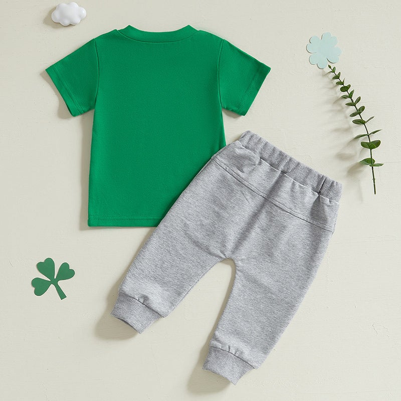 St. Pa''s Day Children''s Casual Clothing Summer Four-leaf Clover Printed T-shirt Short-sleeved Trousers Two-piece Set for Boys and Girls - Image 4