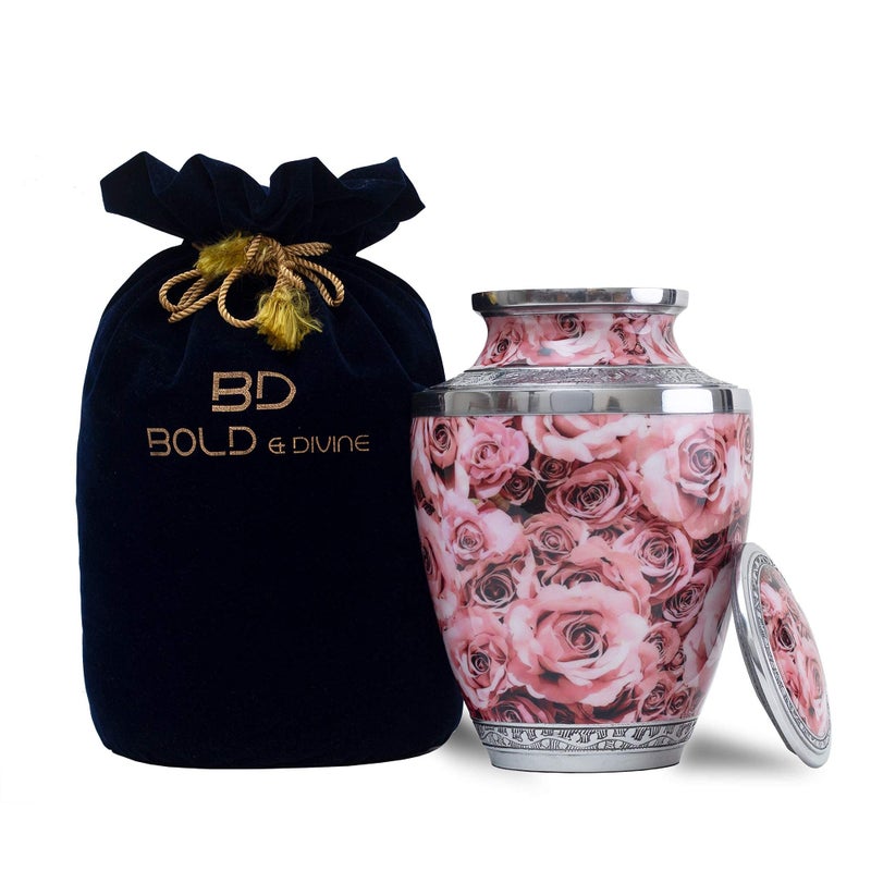 BOLD  DIVINE Hand Painted Pink Rose Cremation Urn  Human Ashes Adult Memorial urn Burial Funeral Cremation Urns 200 Cubic Inches Adult Large